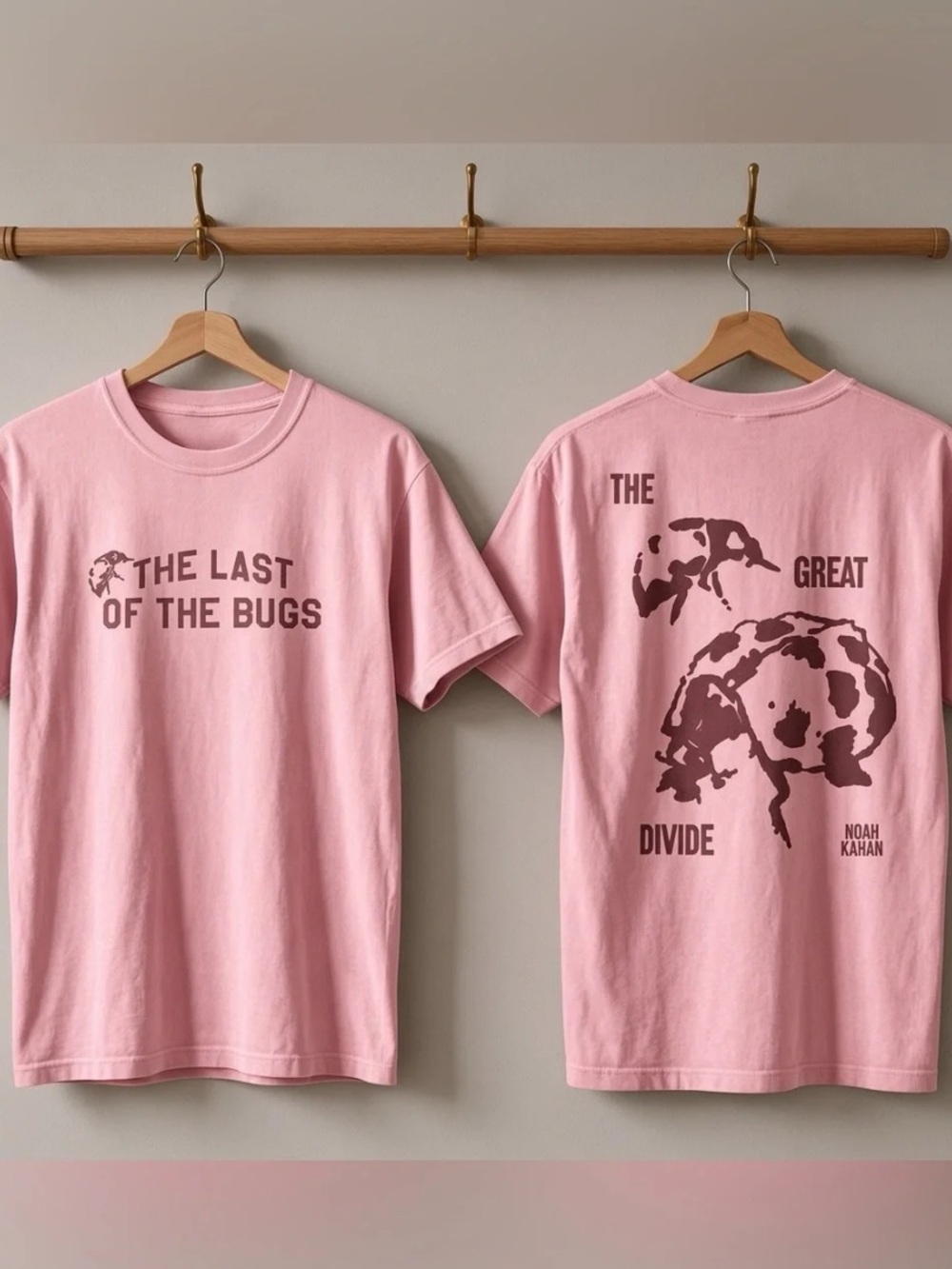 Light Pink Short Sleeve Tee with Brown Graphic "The Last of the Bugs"